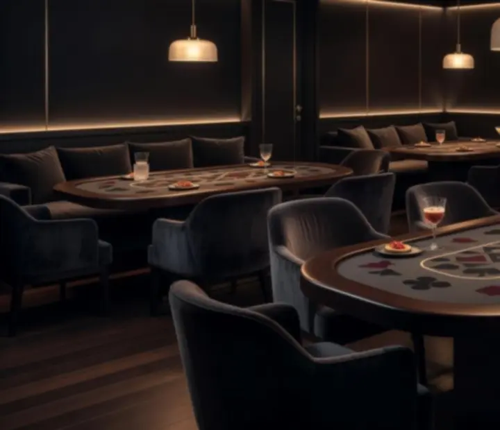 Wnętrze Card Lounge Wonderstar s. r. o. z pokerowymi stołami i nastrojowym oświetleniem