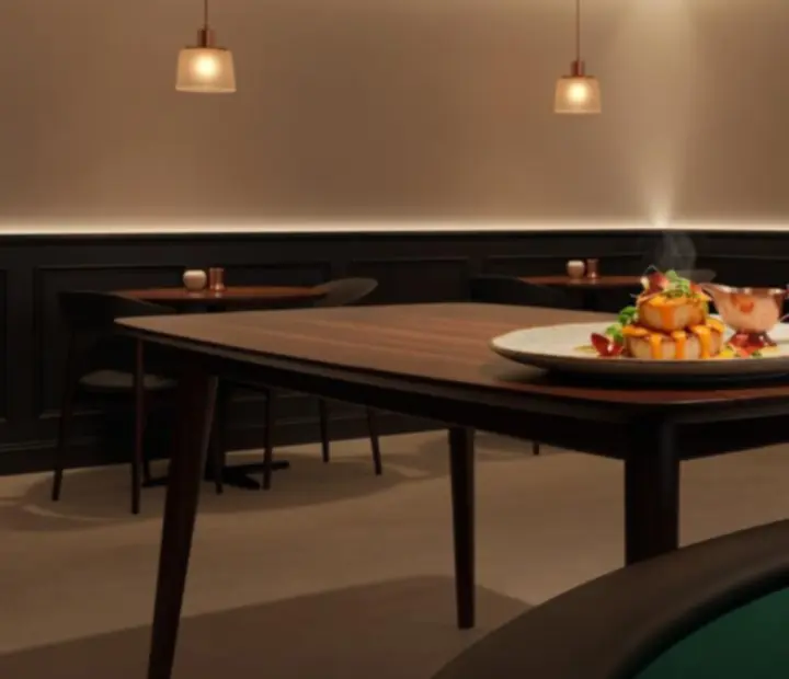 Wieczorna scena w Wonderstar s. r. o. z restauracją, koktajlami i stołem pokerowym w tle