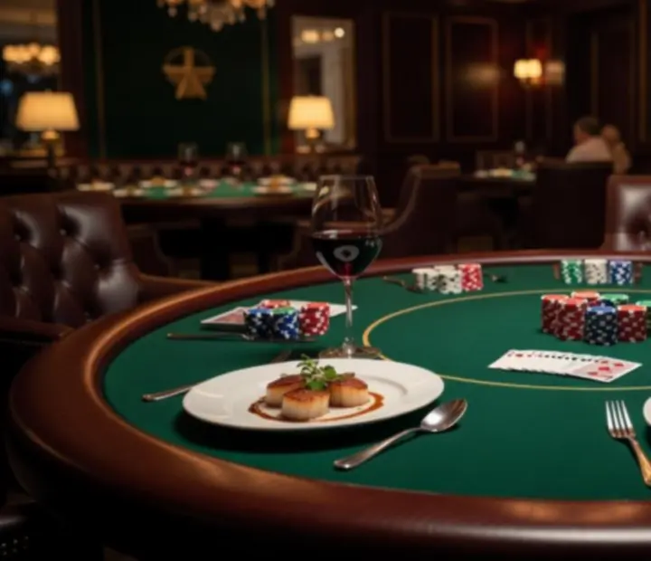 Stół pokerowy w Wonderstar s. r. o. z podanymi daniami i wieczornymi koktajlami.