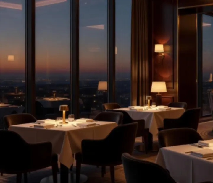 Wnętrze restauracji Wonderstar s. r. o. z eleganckimi stolikami przygotowanymi na wieczorną kolację.